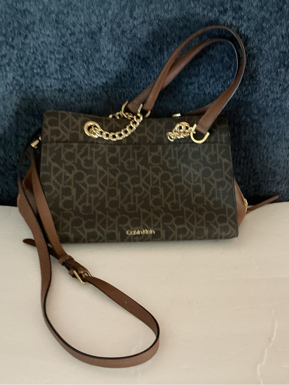 Calvin Klein Brown Logo Satchel with Gold Hardware